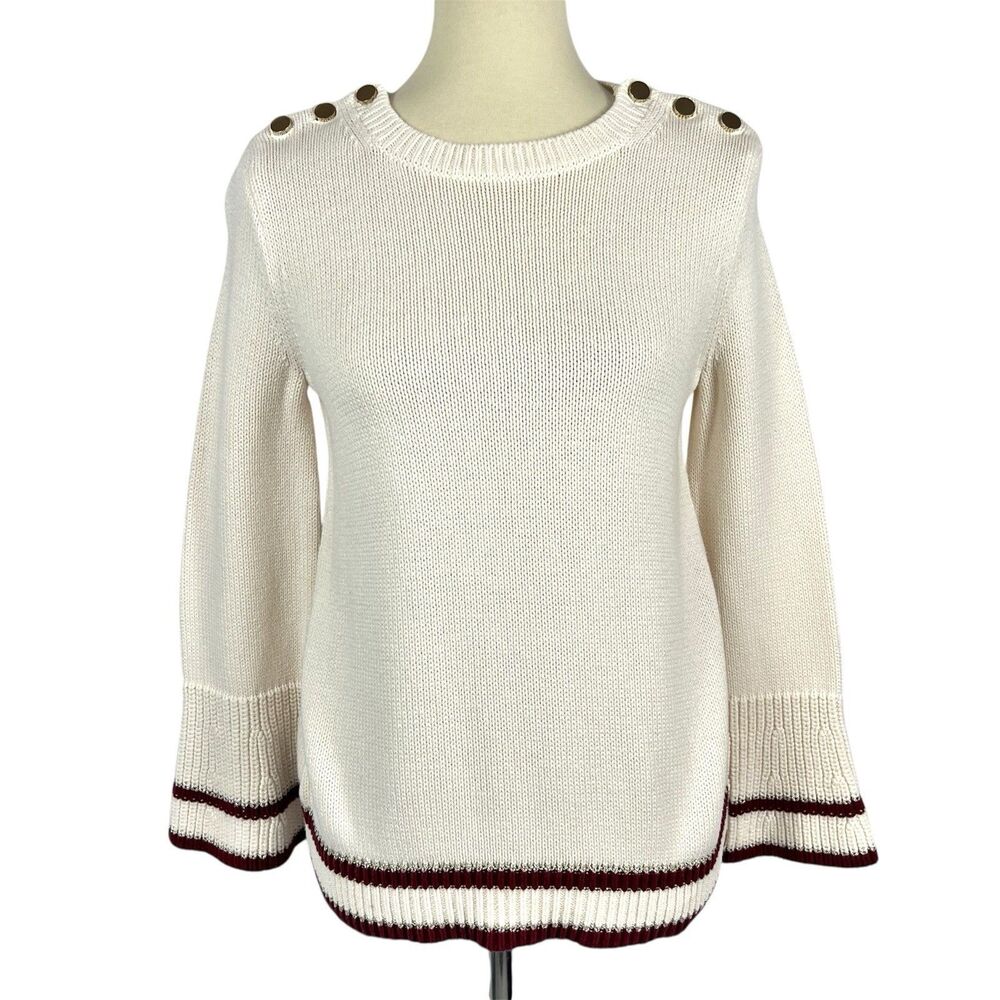 LOFT Ivory Red Gold Stripe Bell Sleeve Button Shoulder Pullover Sweater Medium